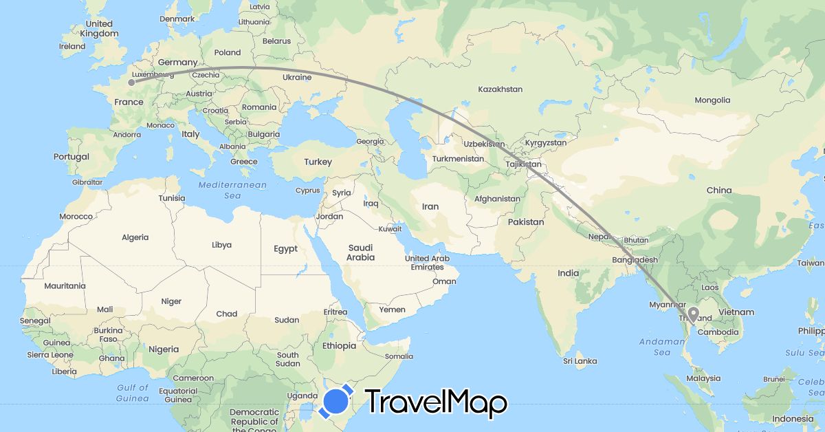 TravelMap itinerary: plane in France, Thailand (Asia, Europe)